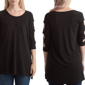 Clara Sun Woo Lattice Sleeve‎ Tunic Top Women's Black Lattice 3/4 Sleeve Top 1X